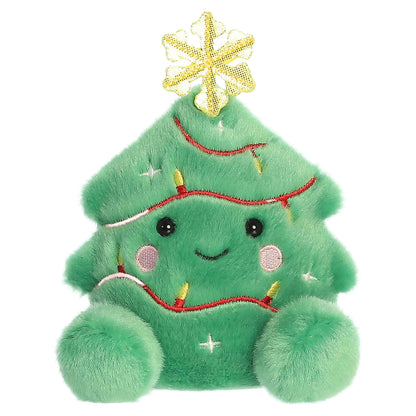 Head-on front view of Aurora Palm Pals Balsam Christmas Tree plush showing smiling face, rosy cheeks, and green feet.