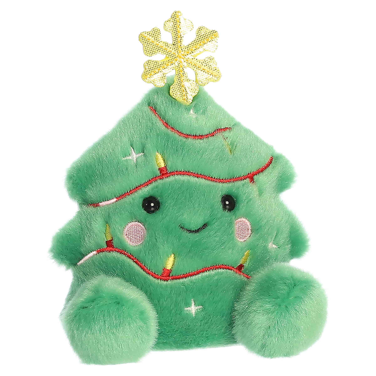 Front three-quarter view of Aurora Palm Pals Balsam Christmas Tree 5-inch plush with yellow snowflake topper and embroidered lights.