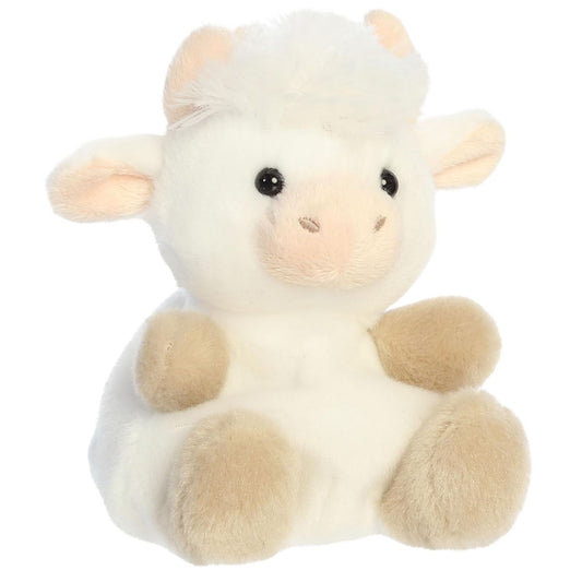 Aurora Palm Pals Barn Halleigh Highland Cow 5-inch creamy white stuffed animal plush featuring beige horns and a fluffy tuft of hair.