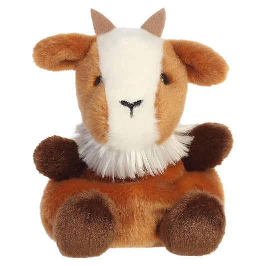 Front view thumbnail of sitting Meadow Goat plush showing dark brown hooves, white face stripe, and black embroidered snout.