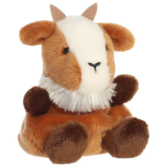 Aurora Palm Pals Barn Meadow Goat 5-inch brown and white stuffed animal plush featuring tan horns and a fluffy white chest ruff.