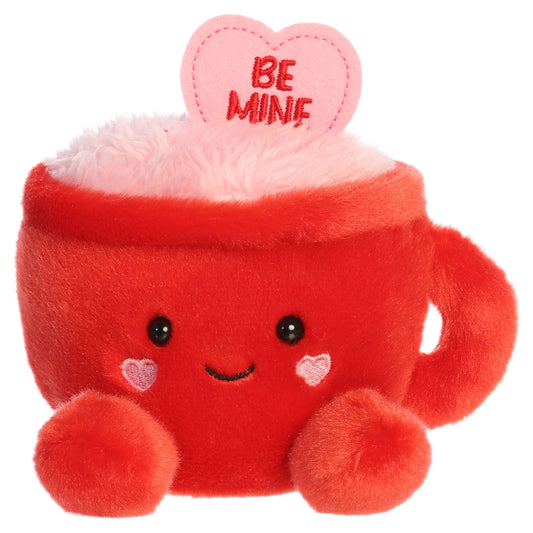 Aurora Palm Pals Be Mine Latte 5-inch plush stuffed animal toy with red mug and pink heart tag.