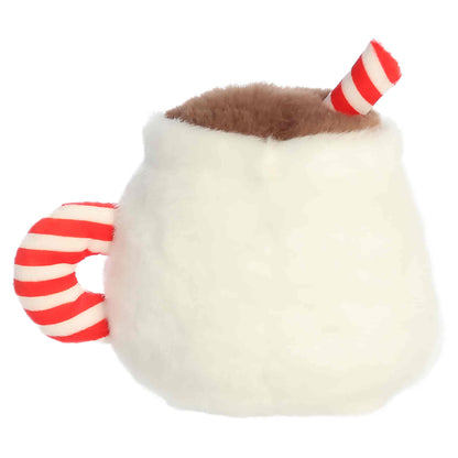 Back view of Aurora Palm Pals Briggs Snowman Cocoa plush showing plain white mug back and red-and-white striped handle.