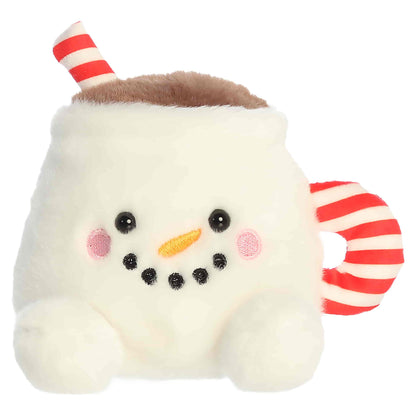 Head-on front view of Aurora Palm Pals Briggs Snowman Cocoa plush showing coal smile, carrot nose, and striped straw.