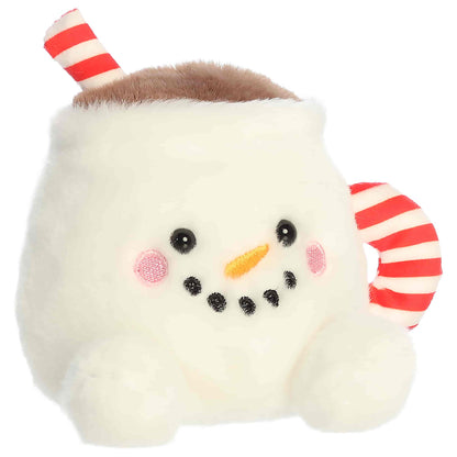 Front three-quarter view of Aurora Palm Pals Briggs Snowman Cocoa 5-inch plush mug with candy cane straw and striped handle.