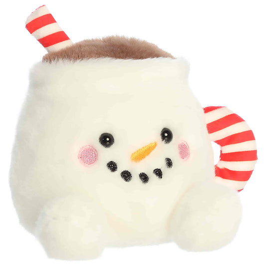 Front three-quarter view of Aurora Palm Pals Briggs Snowman Cocoa 5-inch plush mug with candy cane straw and striped handle.