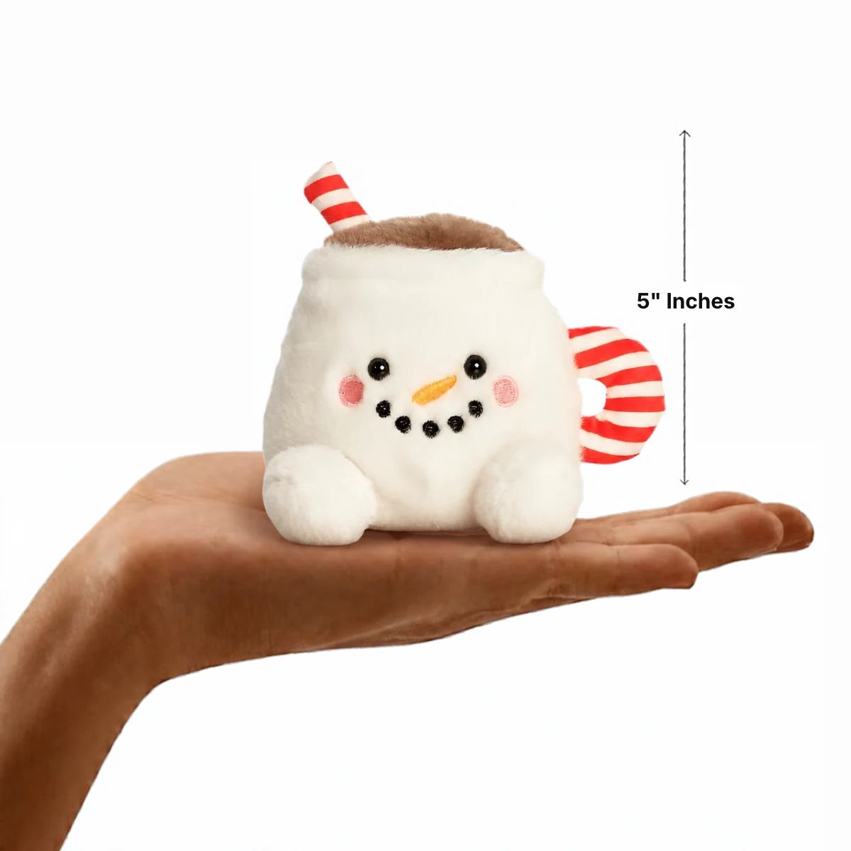 Aurora Palm Pals Briggs Snowman Cocoa plush resting in a palm with 5-inch vertical height scale measurement bar.