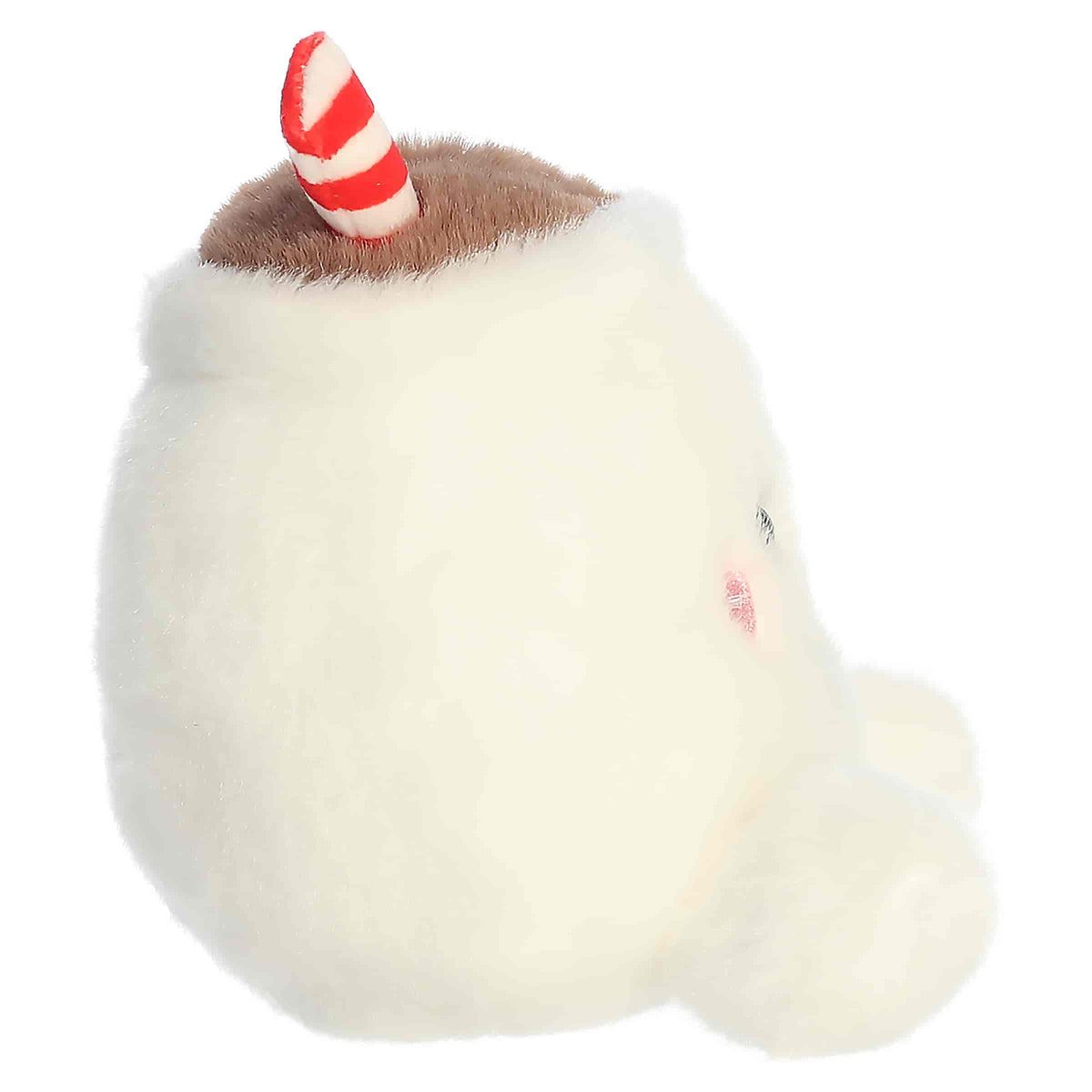 Side profile view of Aurora Palm Pals Briggs Snowman Cocoa plush showing white mug shape and striped straw angle.