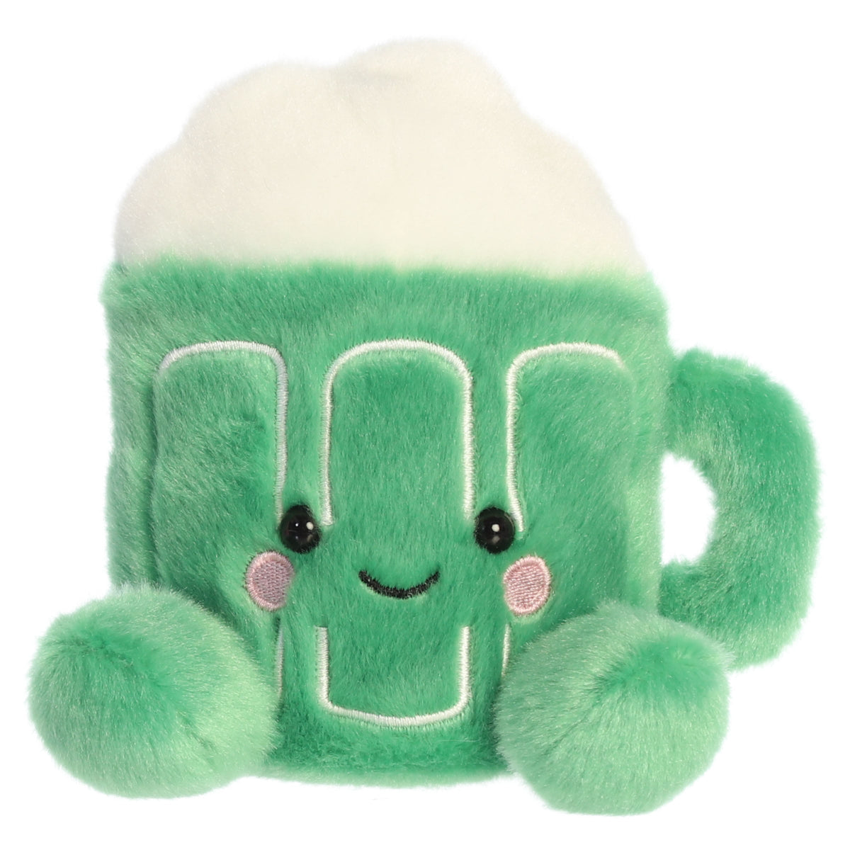 Aurora Palm Pals Cillian Green Beer 5-inch stuffed animal plush featuring a green glass mug with fluffy white foam top and embroidered face details.