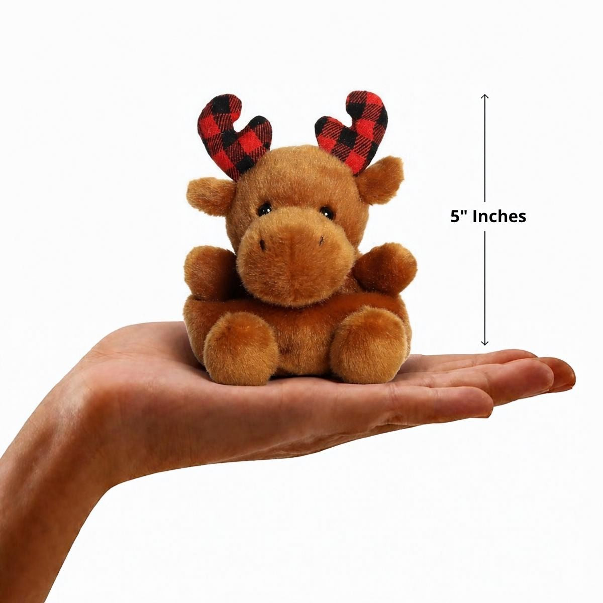 Aurora Palm Pals 5-inch Clove Plaid Moose plush resting in an open hand with height measurement graphic.