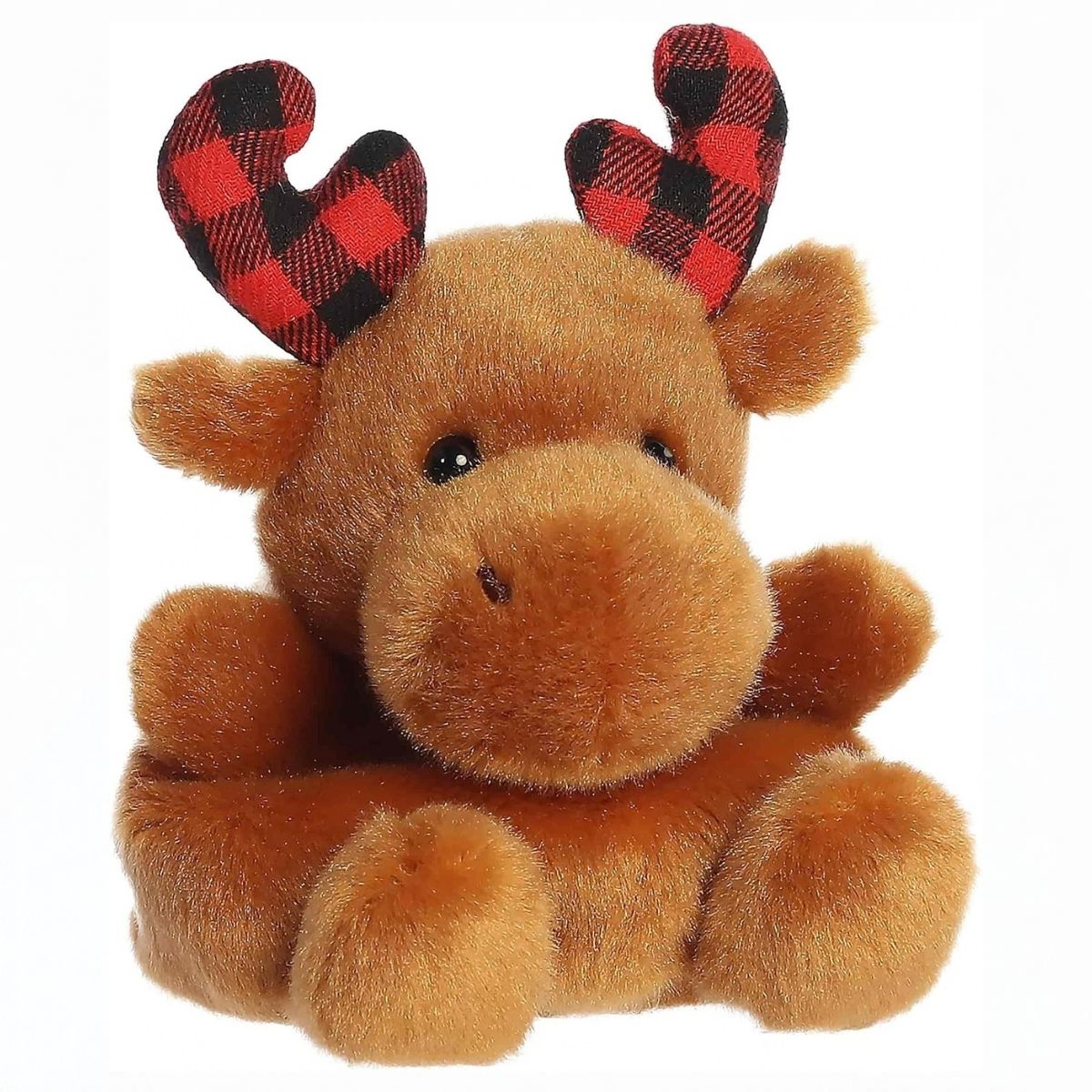 Aurora Palm Pals Clove Plaid Moose 5-inch plush stuffed animal toy with red and black plaid antlers.