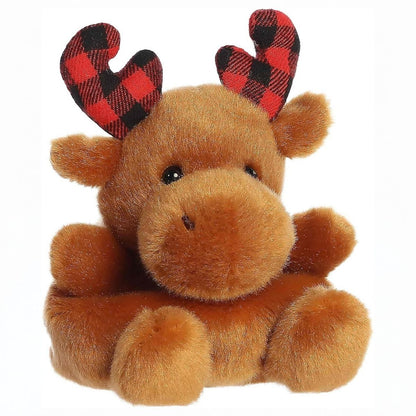 Aurora Palm Pals Clove Plaid Moose 5-inch plush stuffed animal toy with red and black plaid antlers.