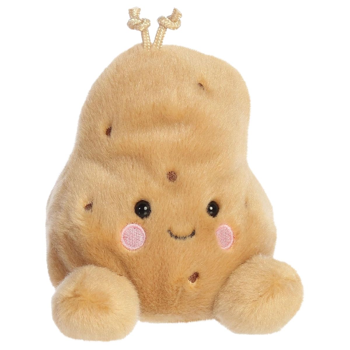 Aurora Palm Pals Craving Spudrick Potato 5-inch tan stuffed animal plush featuring cord sprouts and rosy cheeks.