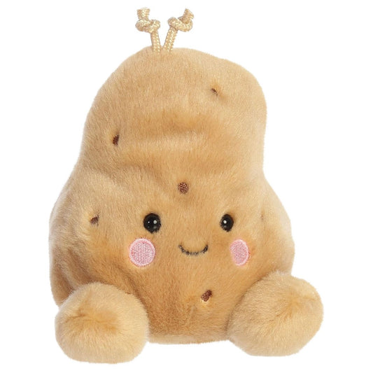 Aurora Palm Pals Craving Spudrick Potato 5-inch tan stuffed animal plush featuring cord sprouts and rosy cheeks.