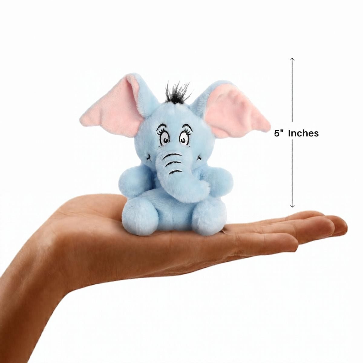 Aurora Palm Pals 5-inch Horton the Elephant plush resting in an open hand with 5-inch height measurement graphic.