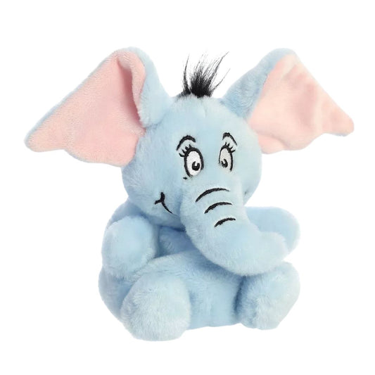 Aurora Palm Pals Dr. Seuss Horton the Elephant 5-inch plush stuffed animal toy sitting angled view.