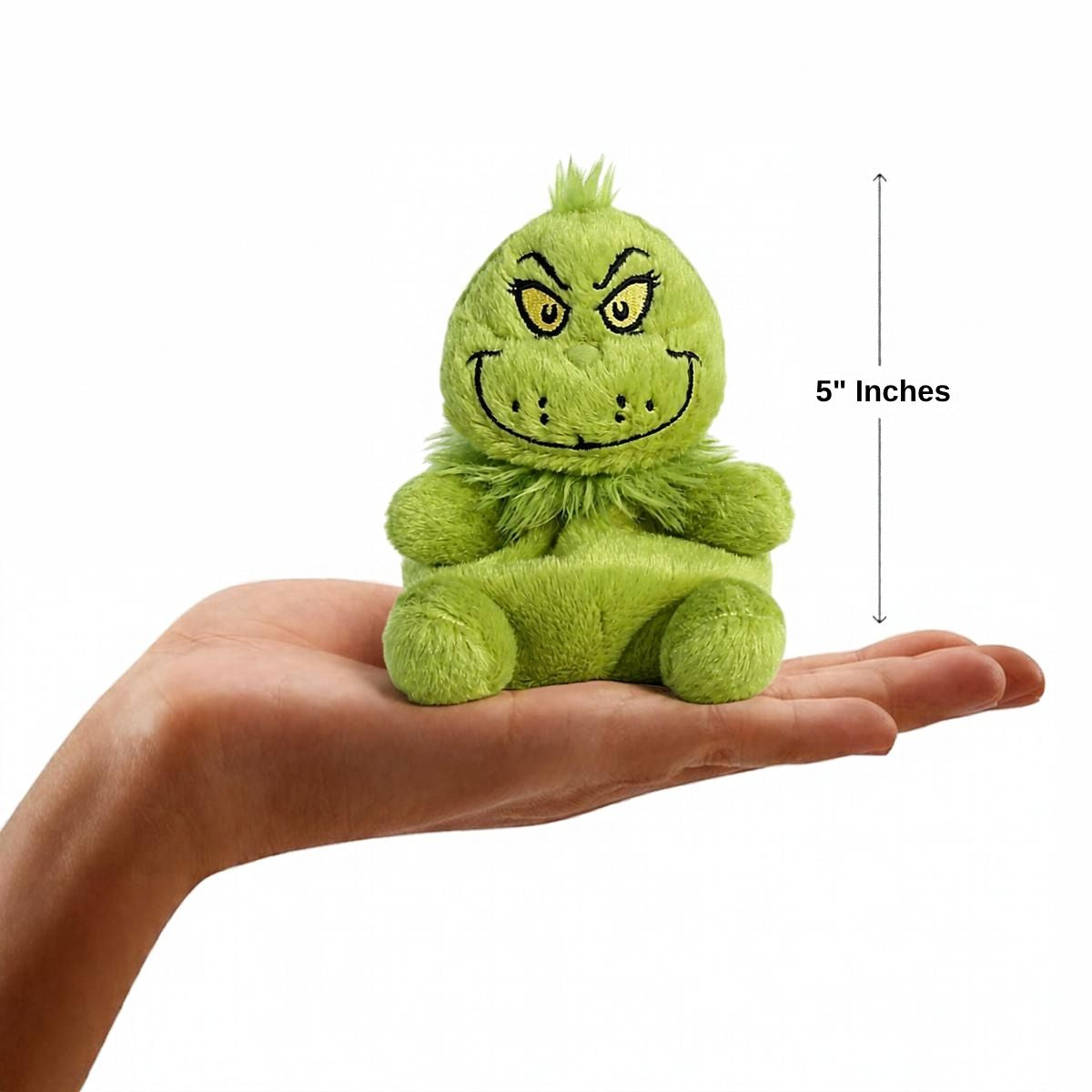 Aurora Palm Pals 5-inch The Grinch plush resting in an open hand with 5-inch height measurement graphic.