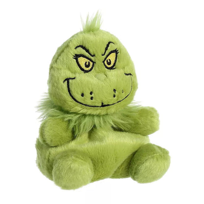 Aurora Palm Pals Dr. Seuss The Grinch 5-inch plush stuffed animal toy sitting angled view.
