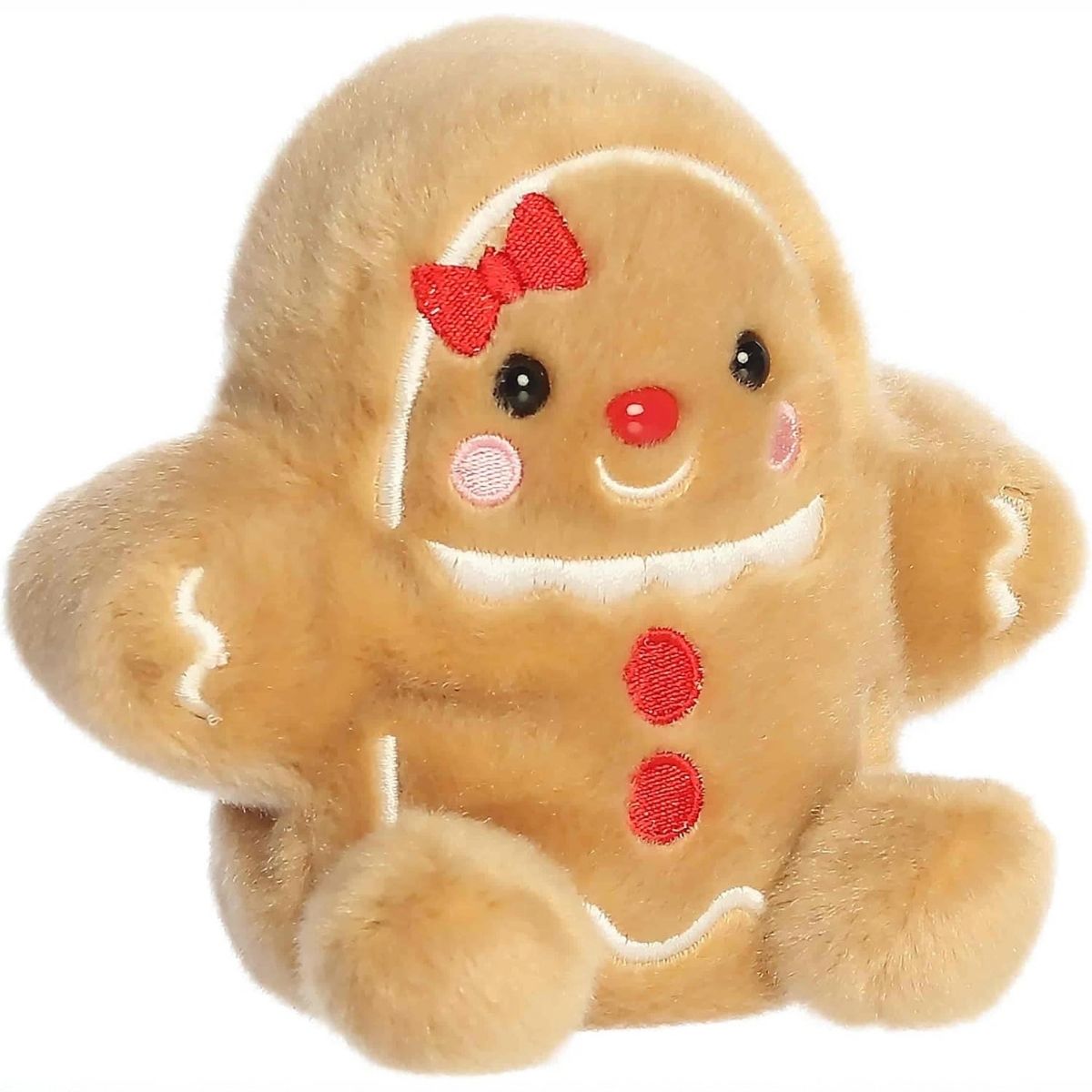 Aurora Palm Pals Gia Gingerbread Girl 5-inch plush stuffed animal toy with red bow and icing details.