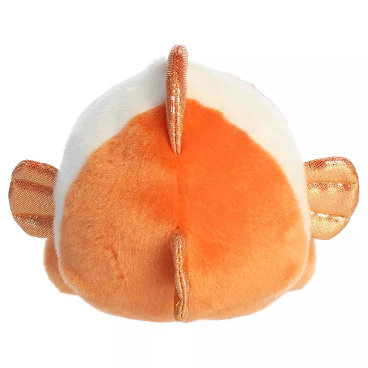 Back view of Aurora Palm Pals Giggles Clownfish plush highlighting orange plush tail and vertical white stripes.
