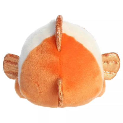Back view of Aurora Palm Pals Giggles Clownfish plush highlighting orange plush tail and vertical white stripes.