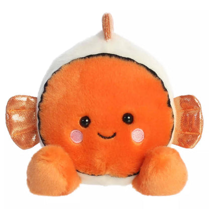 Head-on front view of Aurora Palm Pals Giggles Clownfish plush showing stitched smile, rosy cheeks, and orange feet.