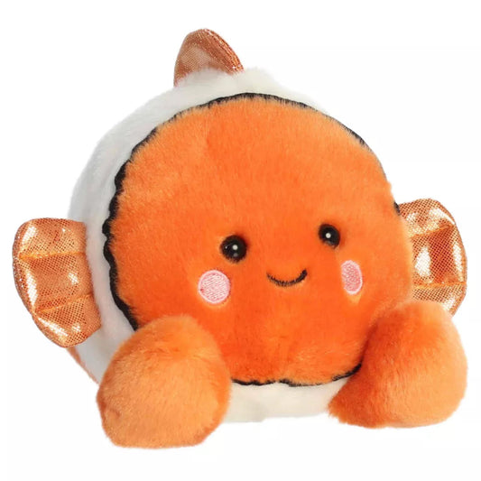 Front three-quarter view of Aurora Palm Pals Giggles Clownfish 5-inch plush with orange body, white stripes, and copper shimmer fins.