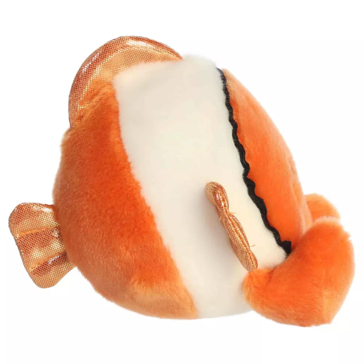 Side profile view of Aurora Palm Pals Giggles Clownfish plush showing black and white striped body and copper fin.