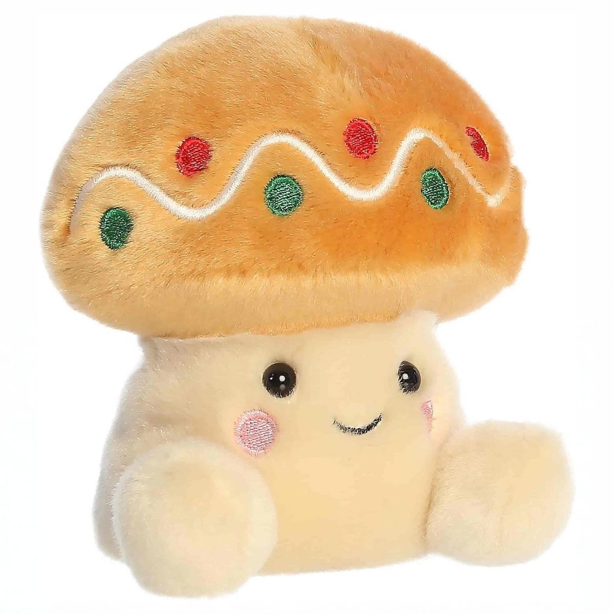 Aurora Palm Pals Ginger Cookie Mushroom 5-inch plush stuffed animal toy with icing and red and green dot details.