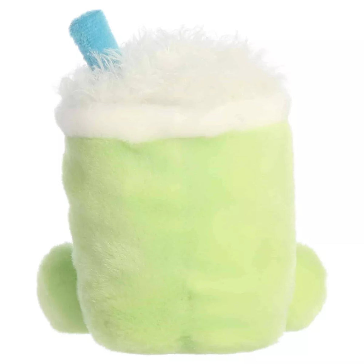 Back view of Aurora Palm Pals Jade Iced Matcha Latte plush showing solid light green plush back and blue straw peeking from foam.