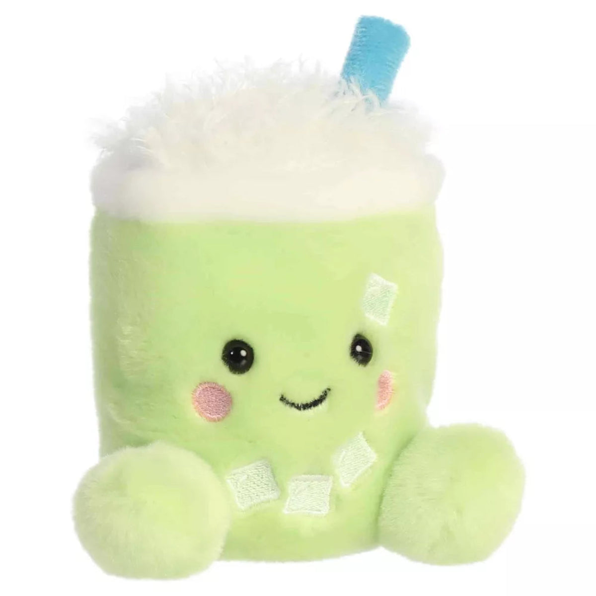 Front three-quarter view of Aurora Palm Pals Jade Iced Matcha Latte 5-inch plush with fluffy white foam, blue straw, and embroidered ice cubes.