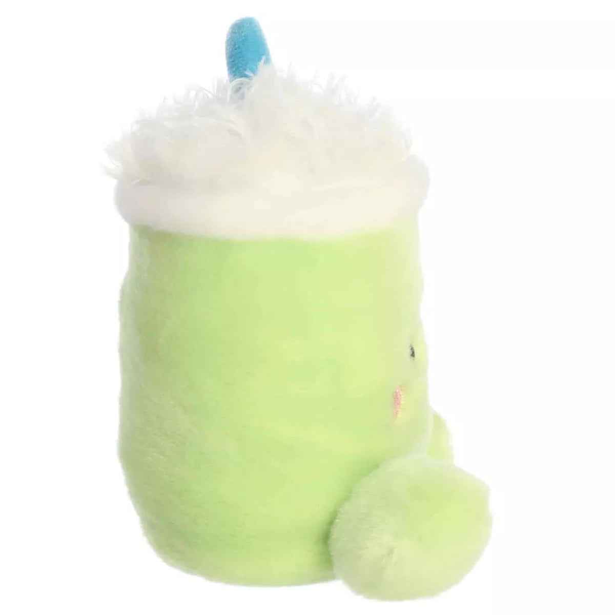 Side profile view of Aurora Palm Pals Jade Iced Matcha Latte plush showing round cylindrical body and seated green feet.