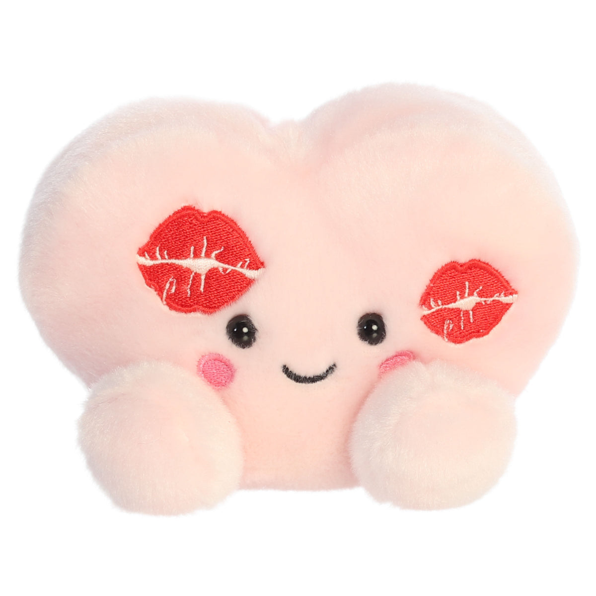 Aurora Palm Pals Kayleigh Kisses Heart 5-inch light pink stuffed animal plush with two embroidered red kiss marks and fluffy pink feet.