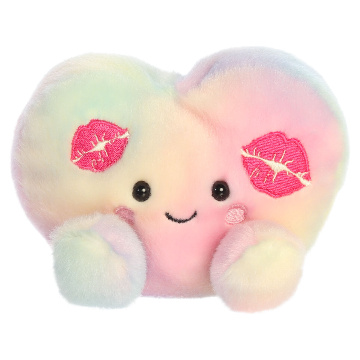 Aurora Palm Pals Kourtney Kisses Heart 5-inch pastel rainbow tie-dye stuffed animal plush featuring two embroidered hot pink kiss marks.