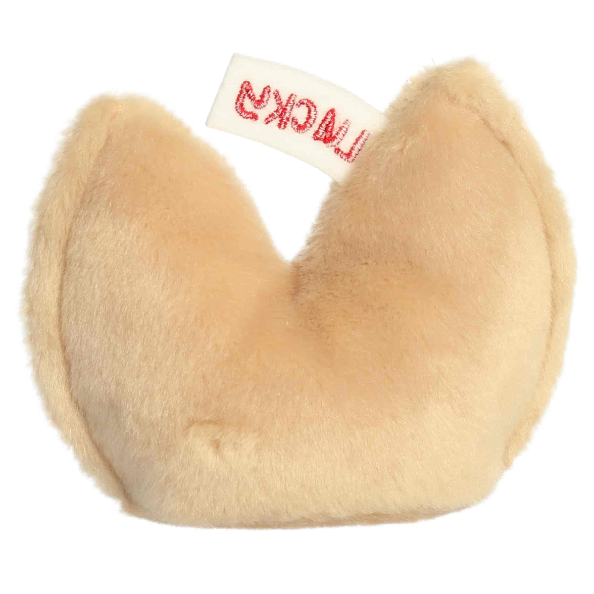 Back view of Aurora Palm Pals Lucky Fortune Cookie plush showing curved golden-brown back and top fortune slip.