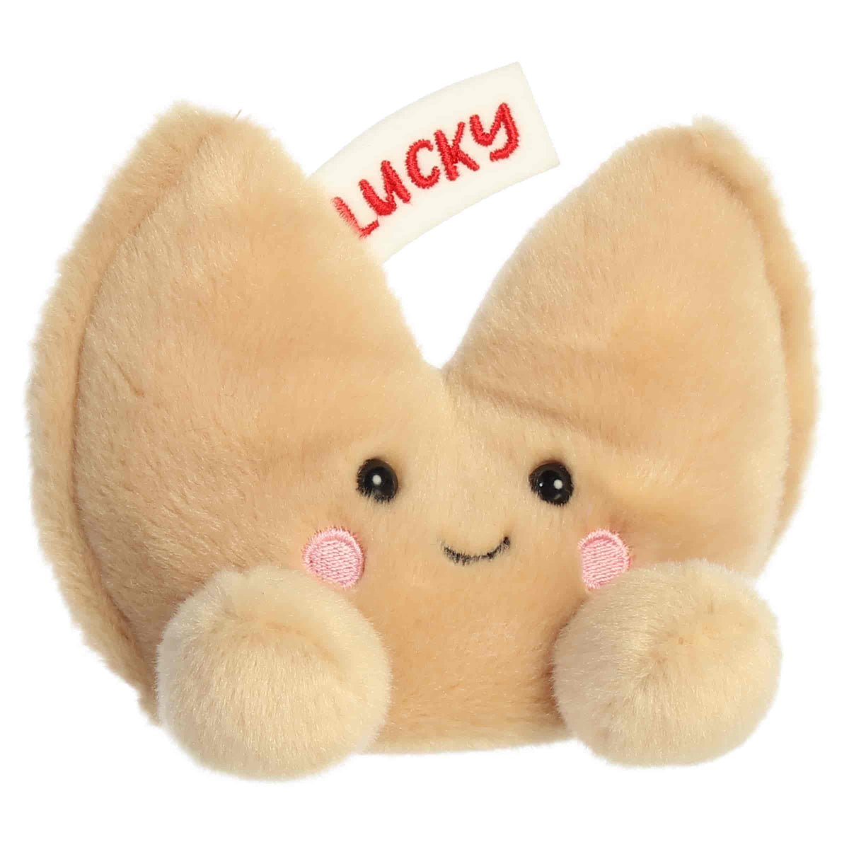 Front three-quarter view of Aurora Palm Pals Lucky Fortune Cookie 5-inch plush with embroidered LUCKY paper slip.