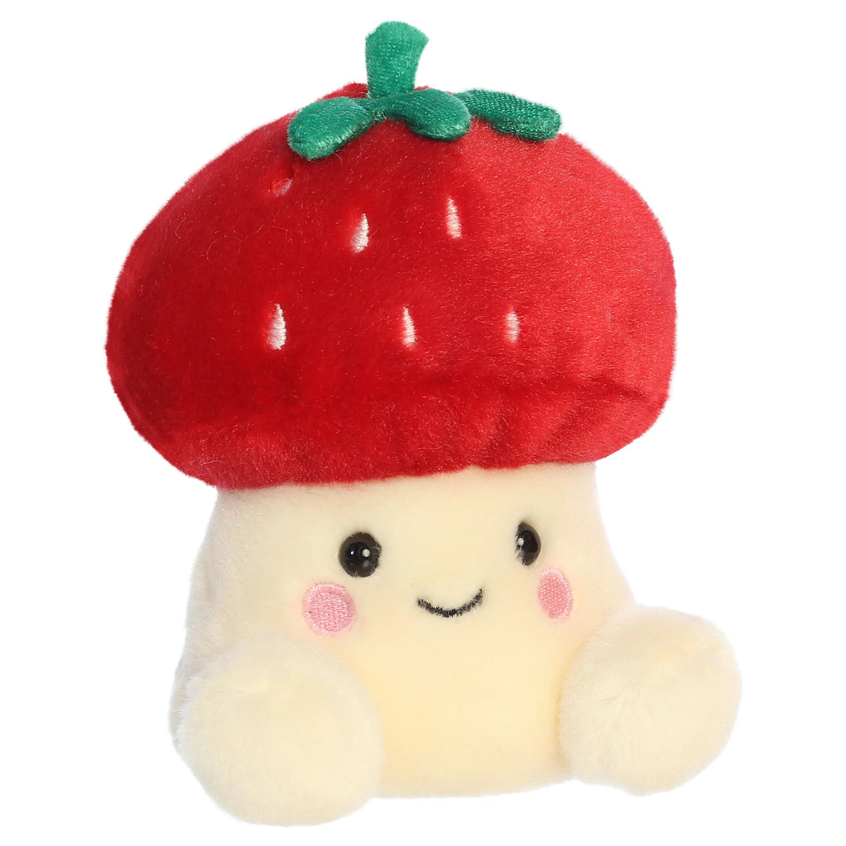 Front three-quarter view of Aurora Palm Pals Lucy Strawberry Mushroom 5-inch plush with red seed-dotted cap and cream body.