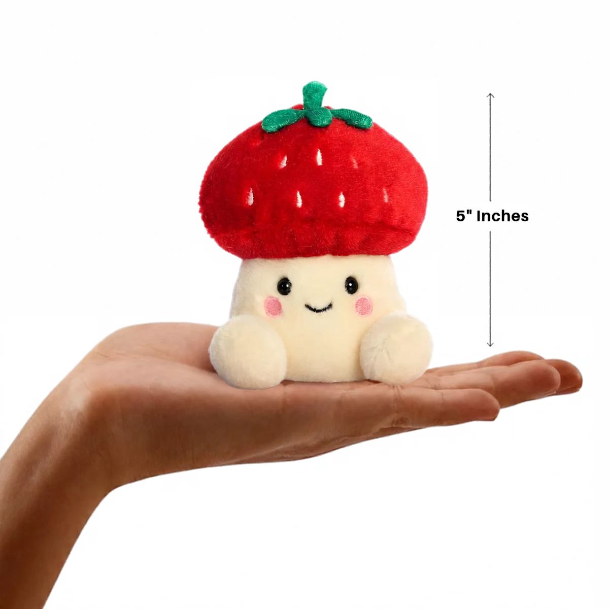 Aurora Palm Pals Lucy Strawberry Mushroom plush resting in a palm with 5-inch vertical height scale measurement bar.