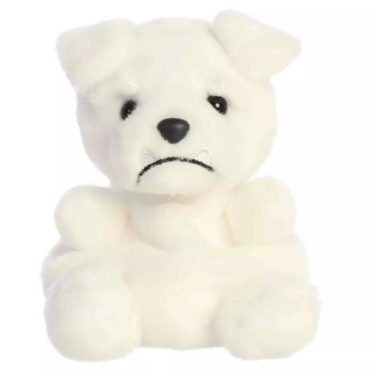 Head-on front seated view of Aurora Palm Pals Mascot White Bulldog plush showing black nose and determined mascot frown.