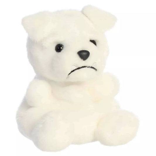 Front three-quarter view of Aurora Palm Pals Mascot White Bulldog 5-inch plush with folded ears and game-day pout.