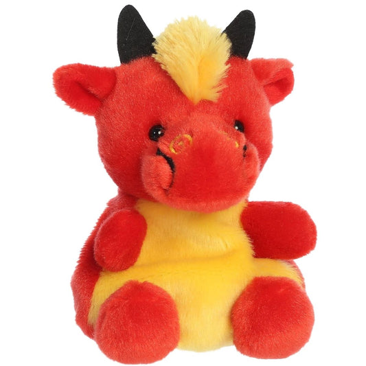 Aurora Palm Pals Mythical Bruce Chinese Dragon 5-inch red stuffed animal plush featuring a golden belly, yellow mane, and black horns.