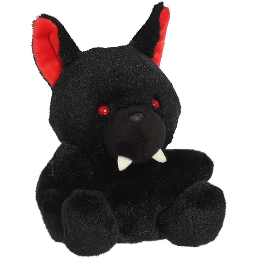Aurora Palm Pals Mythical Dante Hellhound 5-inch black stuffed animal plush featuring red inner ears, glowing red eyes, and white fangs.
