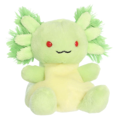 Aurora Palm Pals Mythical Ecto Radioactive Axolotl 5-inch lime green stuffed animal plush with fluffy gills and red eyes.