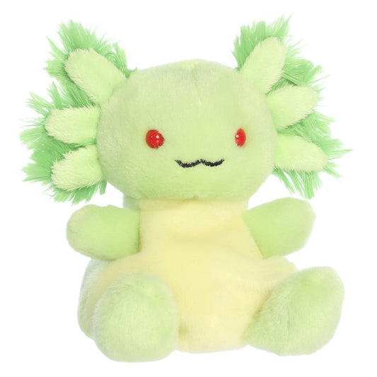Aurora Palm Pals Mythical Ecto Radioactive Axolotl 5-inch lime green stuffed animal plush with fluffy gills and red eyes.