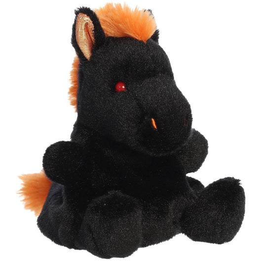 Aurora Palm Pals Mythical Nessus Nightmare 5-inch black horse stuffed animal plush featuring a fiery orange mane and red eyes.