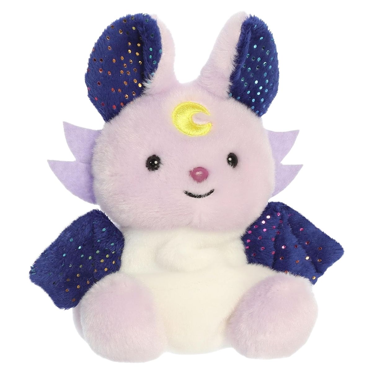 Aurora Palm Pals Mythical Nora Night Beast 5-inch lavender stuffed animal plush featuring midnight blue wings and a yellow crescent moon crest.