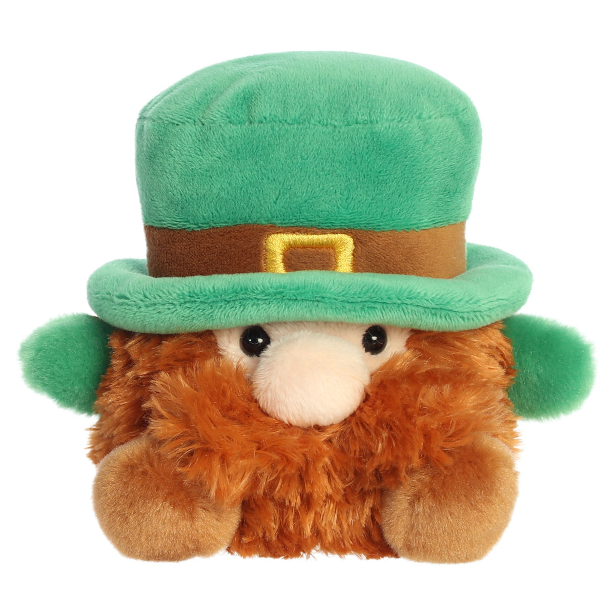 Aurora Palm Pals Pat Leprechaun 5-inch stuffed animal plush featuring a green top hat with buckle and a shaggy orange beard.
