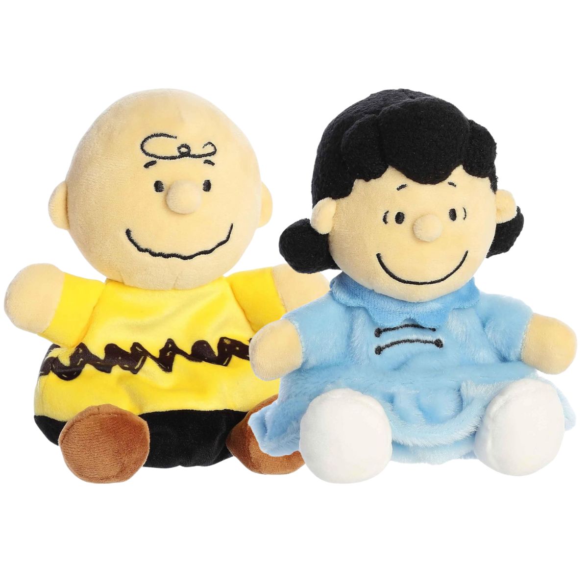 Aurora Palm Pals Peanuts 5-inch plush stuffed animal duo set featuring Charlie Brown and Lucy Van Pelt.