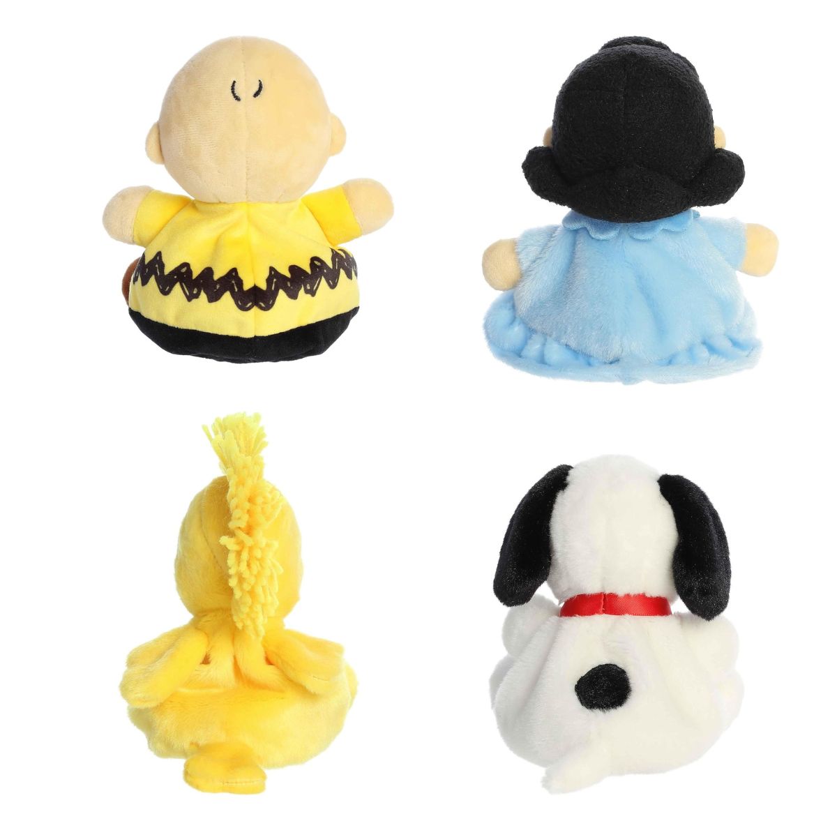 Rear view thumbnail displaying the back details of Charlie Brown, Lucy, Woodstock, and Snoopy 5-inch Palm Pals plush toys.