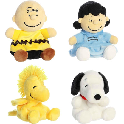 Front view thumbnail of 4-piece Aurora Palm Pals Peanuts plush set showing Charlie Brown, Lucy, Woodstock, and Snoopy.